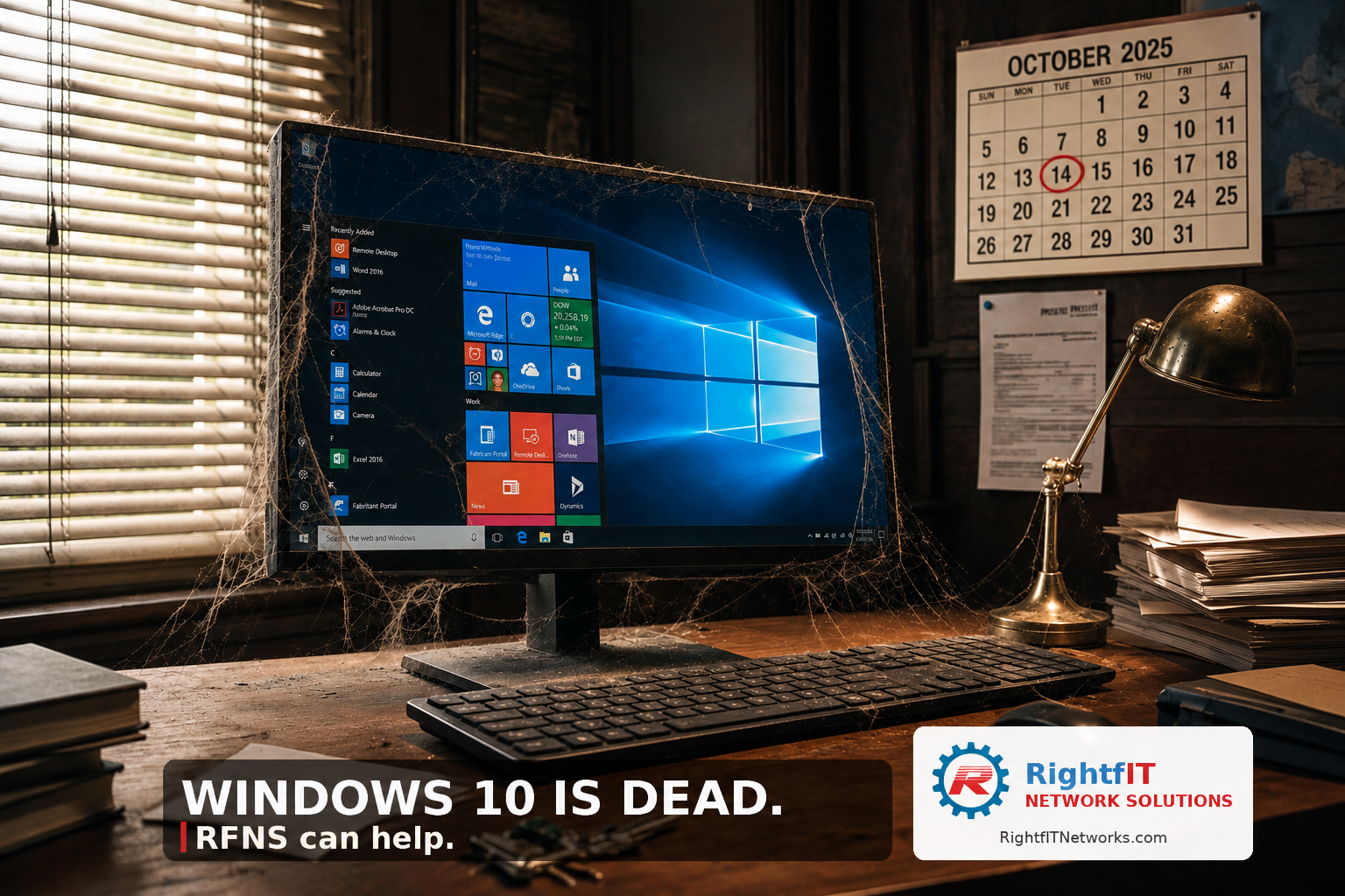 Cobwebbed Windows 10 desktop monitor with the Start menu glowing and a wall calendar showing October 14, 2025 circled in red — RightfIT Network Solutions, a managed IT services provider in DFW and Central Texas, helps small businesses upgrade off Windows 10 before end-of-life.