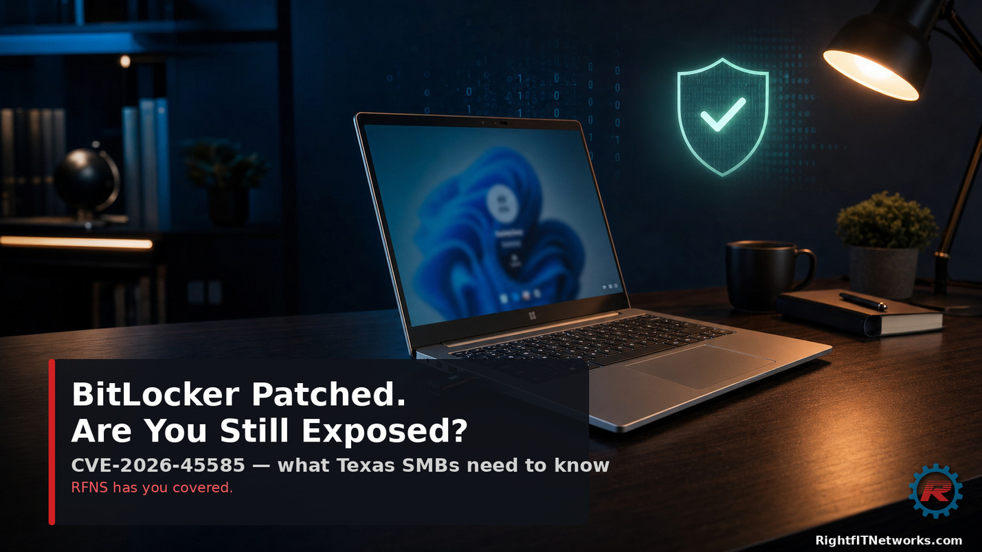 Windows 11 business laptop on a desk with a USB drive plugged in and a glowing green checkmark shield overlay, representing the BitLocker YellowKey vulnerability (CVE-2026-45585) patched by Microsoft in May 2026