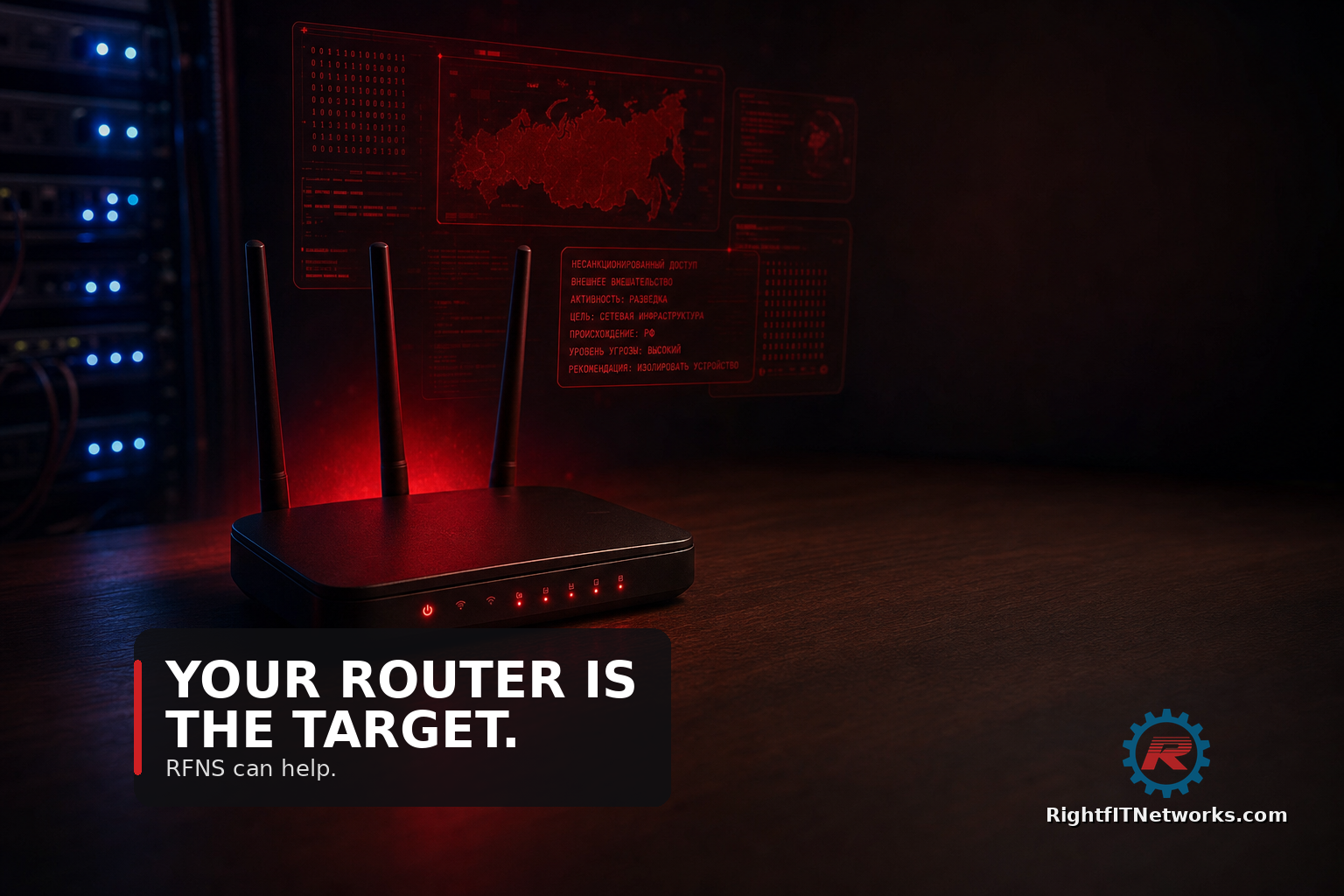 A consumer TP-Link Wi-Fi router with a red FBI warning overlay next to a rack-mounted business-grade firewall — RightfIT Network Solutions, a managed IT services provider in DFW and Central Texas, helps small businesses replace vulnerable consumer routers with secure US-designed business firewalls.