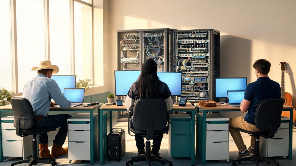 Texas-based RightfIT Network Solutions technicians working in a professional IT support office with network equipment and computer workstations.