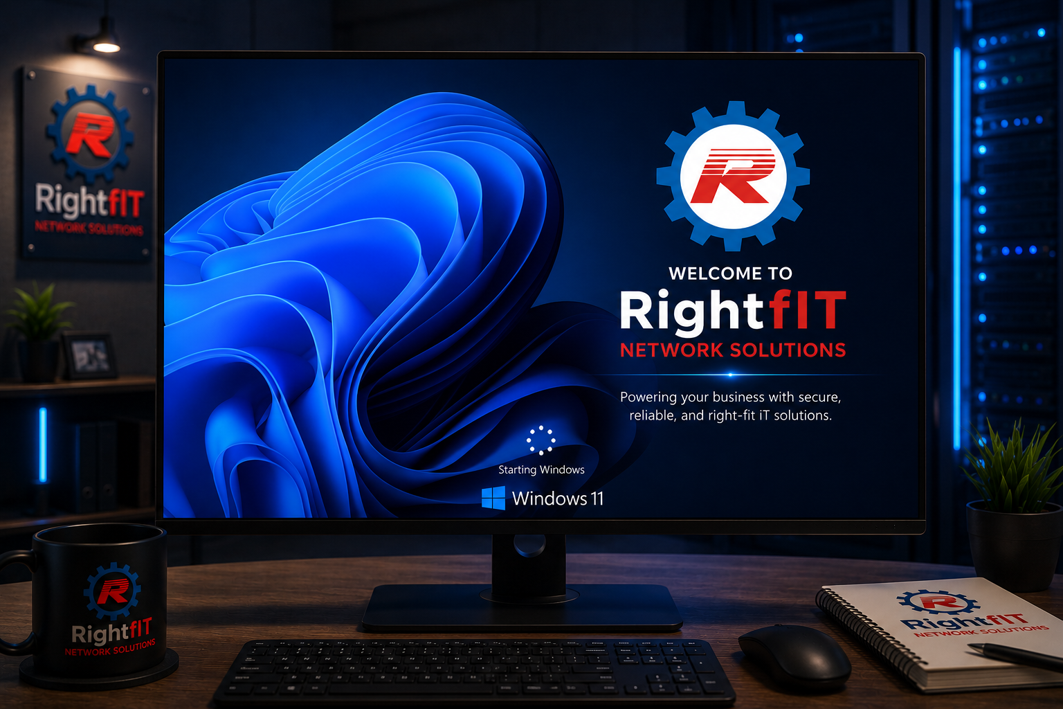 Computer booting into Windows 11 saying "Welcome to RightfIT Network Solutions"