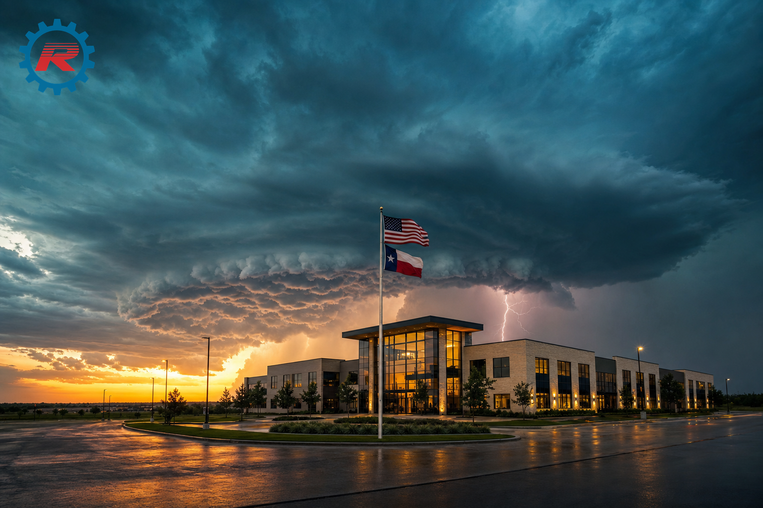 Dramatic Texas supercell thunderstorm at sunset over a modern small business office park, with American and Texas flags flying on a central flagpole and lightning striking near the building — illustrating North Texas severe weather risk for SMB IT continuity planning.